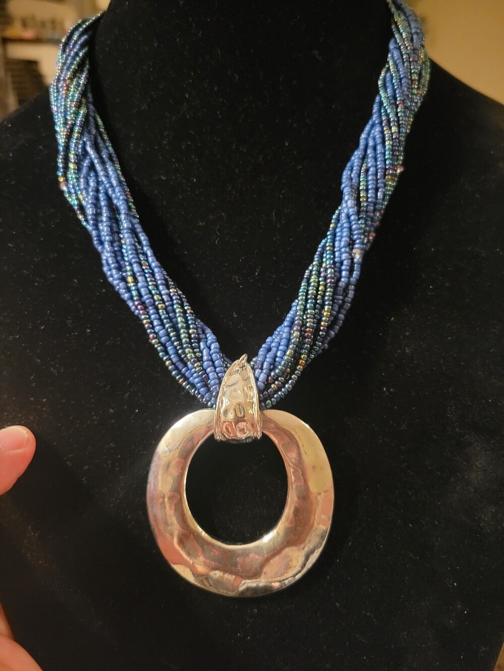 Blue Multi Strand Seed Bead & Silver Pendant Necklace